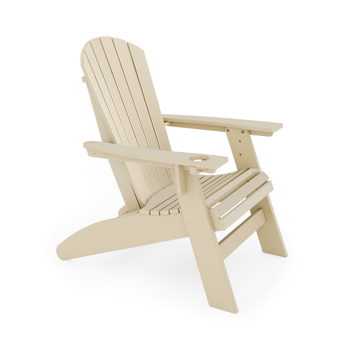 Giga Adirondack arm chair made of sturdy HDPE poly lumber for poolside, patio, and garden relaxation.