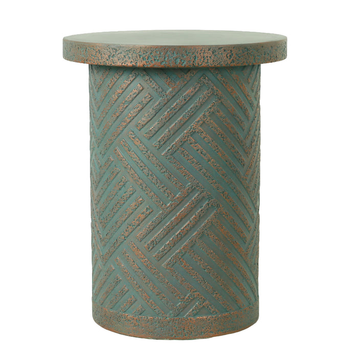 Giga round outdoor end table with tree stump design in golden, green, and peacock colors, ideal for patio decor.