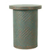 Giga round outdoor end table with tree stump design in golden, green, and peacock colors, ideal for patio decor.