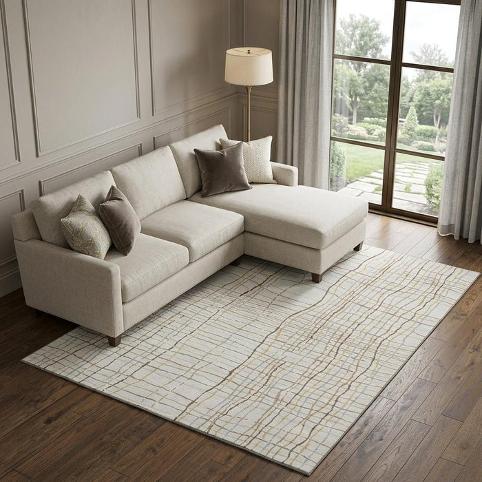 10' X 14' Striped Washable Area Rug With UV Protection (678562) - Ivory / Gold / Gray