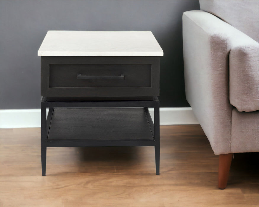 Marble Square End Table With Drawer And Shelf - Black And White