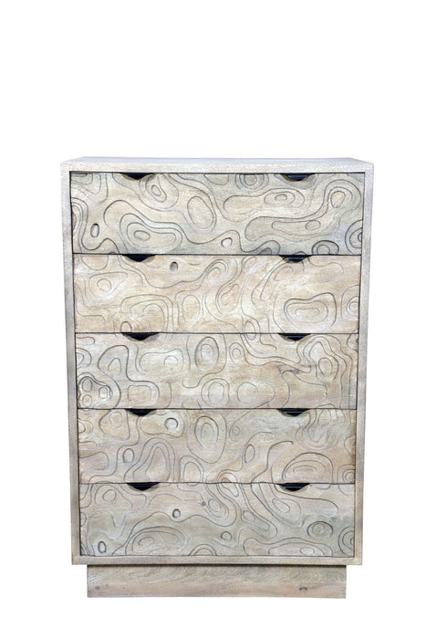 35" Carved Abstract Solid Wood Five Drawer Dresser - White