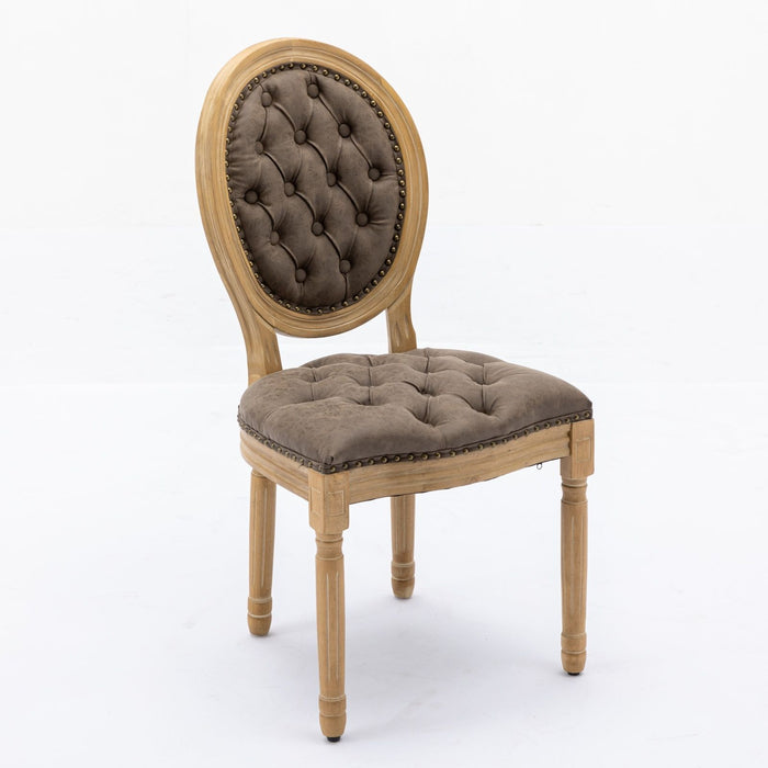 Giga French style solid wood dining chair set with antique painting design, nailhead trim, wood legs, and hand-pulled buckle decoration.