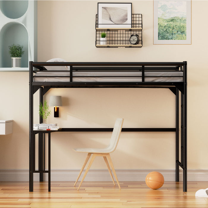 Black Giga twin metal loft bed with desk, ladder, guardrails, and a book desk underneath, suitable for space-saving bedroom setups.