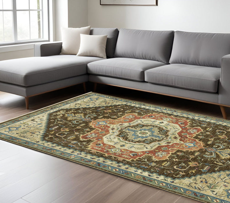 7' X 10' Oriental Area Rug With Fringe - Brown And Orange