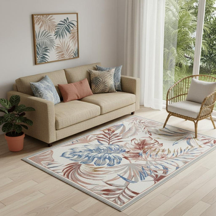 5' X 7' Botanical Leaves Area Rug (550221) - Ivory / Blue / Gray