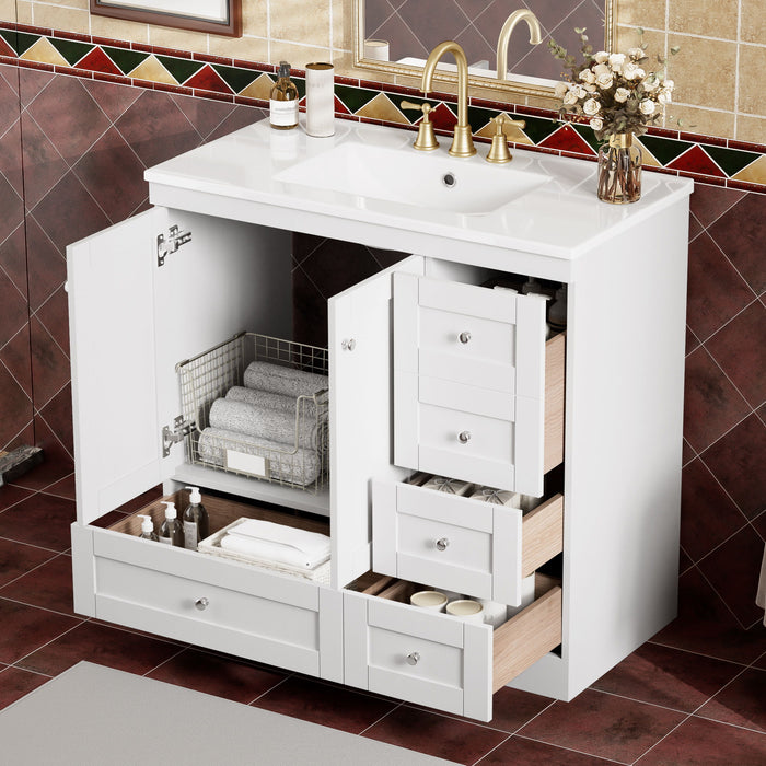 Giga shaker free-standing bathroom vanity cabinet with sink, soft-close drawers and doors, in a modern bathroom setting