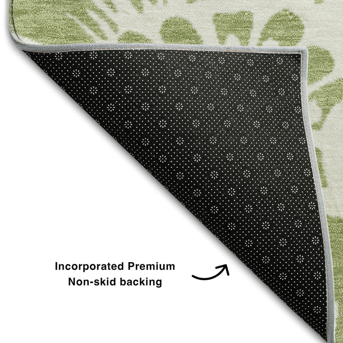 8' X 10' Floral Washable Area Rug With UV Protection (648614) - Fern Green / Ivory