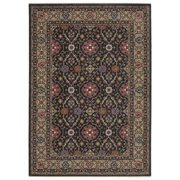10' X 13' Oriental Area Rug With Fringe - Charcoal And Pink