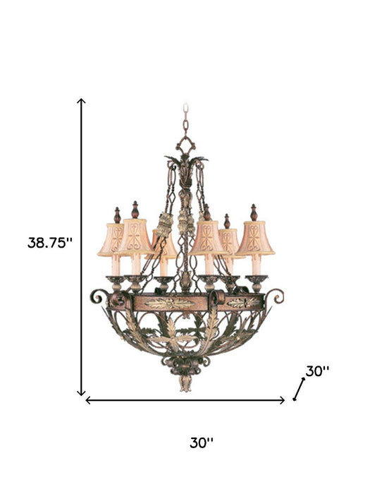 Bronze 39-inch six-light metal chandelier with cream shades, dimmable lighting, ideal for elegant home decor.