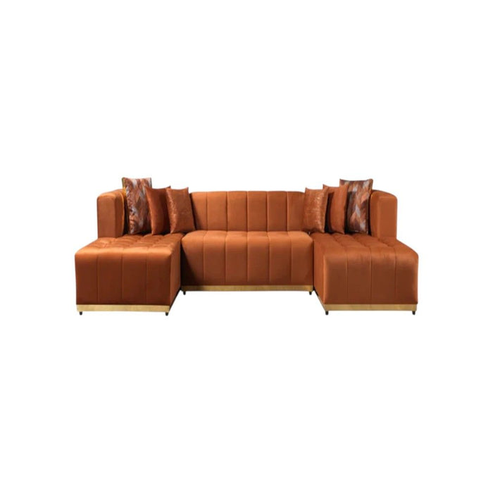 Velvet U Shaped Three Piece Sofa Chaise Sectional With Toss Pillows - Orange