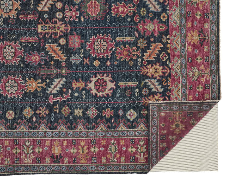 5' x 8' Wool Floral Hand Knotted Distressed Stain Resistant Area Rug With Fringe - Pink Blue And Orange