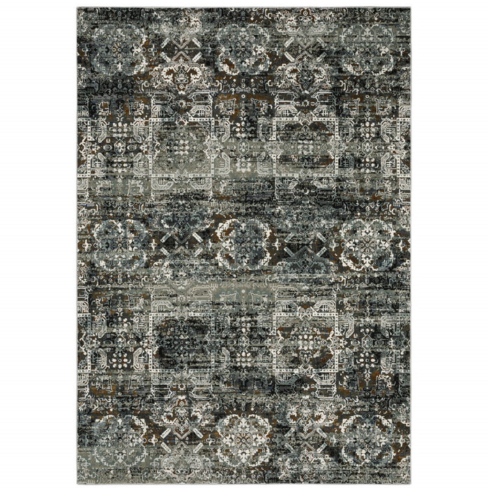 8' x 11' Oriental Power Loom Stain Resistant Area Rug - Ivory Charcoal Gray Blue Rust Gold And Brown