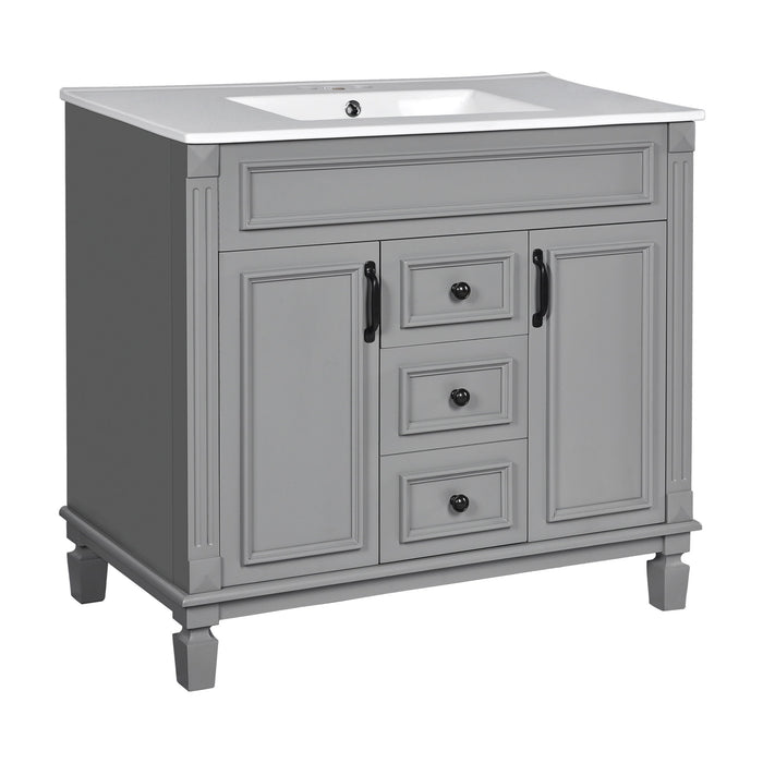 Giga bathroom vanity with top sink, basin on cabinet featuring two soft-closing doors and two drawers for storage.