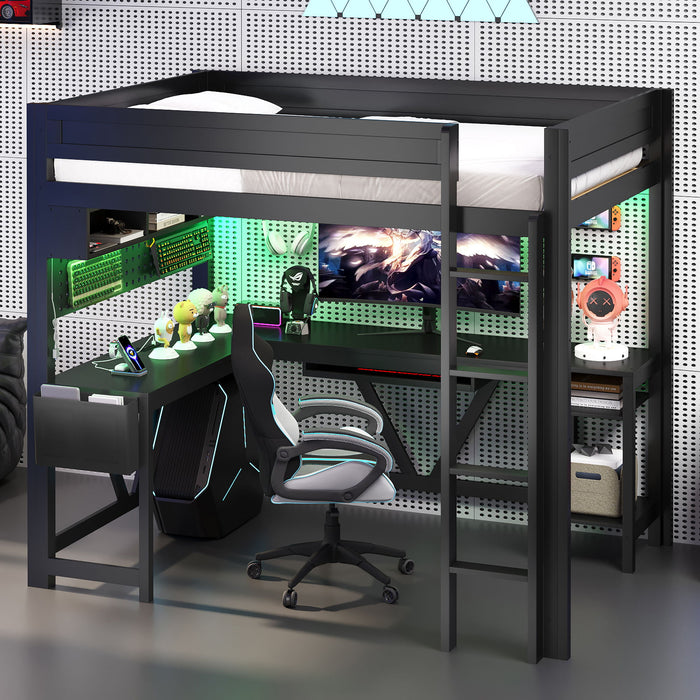 Giga gaming loft bed with built-in desk, storage shelves, LED lighting, and charging station for a functional gaming space.