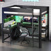 Giga gaming loft bed with built-in desk, storage shelves, LED lighting, and charging station for a functional gaming space.