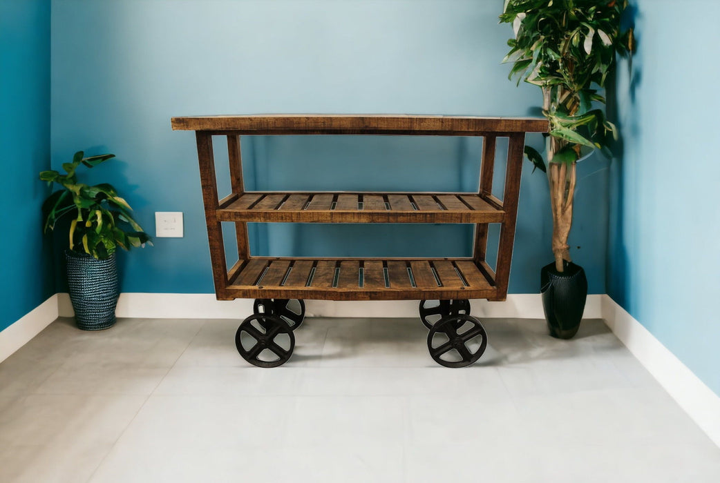 Solid Wood Distressed Wheel Console Table With Storage - Brown And Black