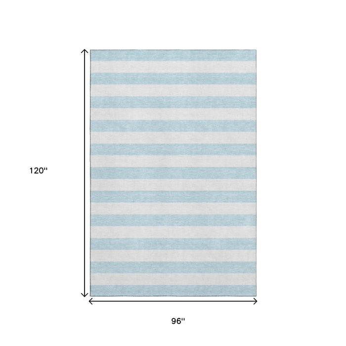 8' X 10' Striped Washable Area Rug With UV Protection (647660) - Sky Blue / Ivory