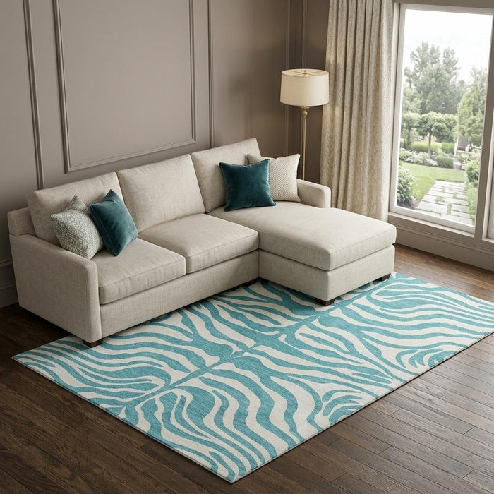 10' X 14' Animal Print Washable Area Rug With UV Protection (681815) - Teal / Ivory