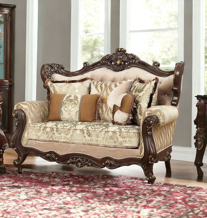 Damask Loveseat And Toss Pillows - Beige / Brown