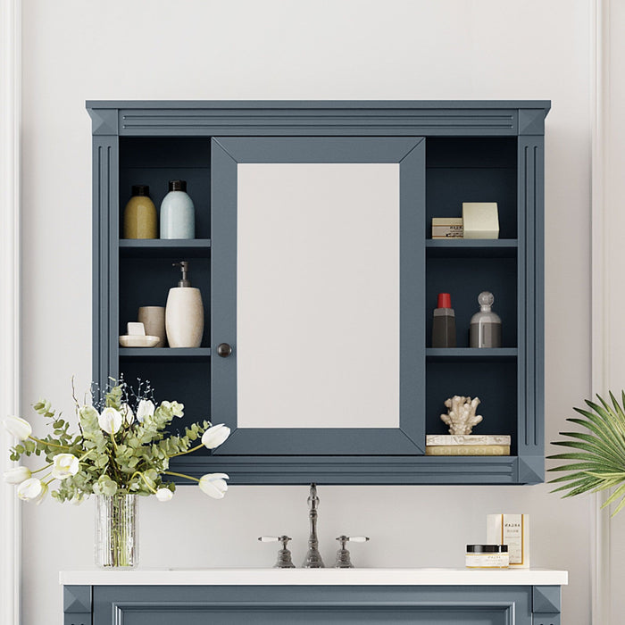 Giga wall-mounted bathroom medicine cabinet with mirror, six open shelves, and adjustable interior storage.