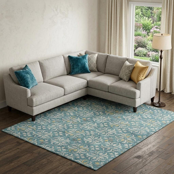 10' X 14' Floral Washable Area Rug With UV Protection (673975) - Teal / Ivory