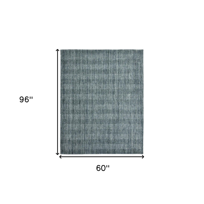 5' X 8' Wool Plaid Hand Woven Area Rug - Blue And Ivory