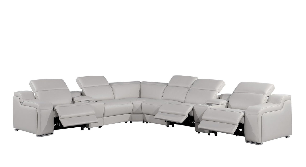 Italian Leather Power Reclining Curved Eight Piece Corner Sectional With Console - Light Gray