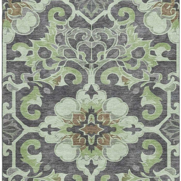 10' X 14' Floral Medallion Washable Area Rug With UV Protection (709054) - Artichoke Green / Charcoal / Gray