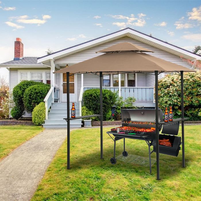 Giga outdoor grill gazebo with double-tier soft top canopy, steel frame, bar counters, and hooks for outdoor cooking and shade.