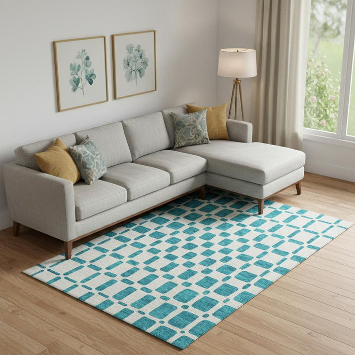 10' X 14' Geometric Washable Area Rug With UV Protection (669324) - Teal / Ivory