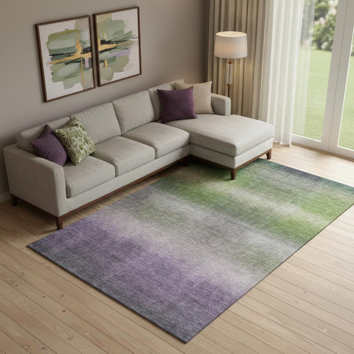 10' X 14' Striped Washable Area Rug With UV Protection (699610) - Olive Green / Purple / Gray
