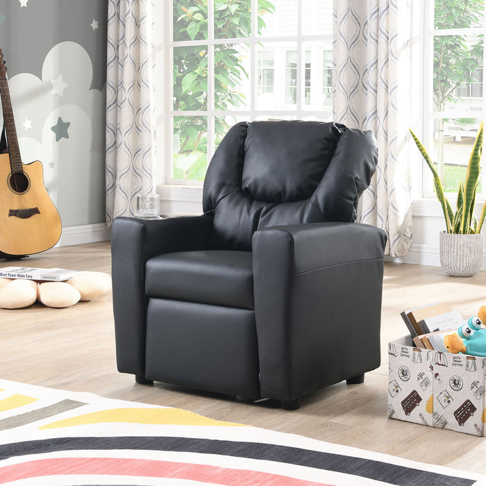 Black Giga Sally Deluxe Kids Recliner Chair with cup holder, featuring a comfortable reclining design for children.
