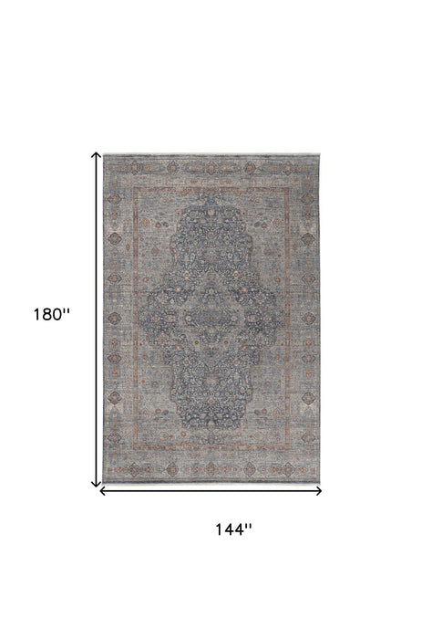 12' x 15' Oriental Power Loom Worn Faded Area Rug With Fringe - Gray Blue And Red