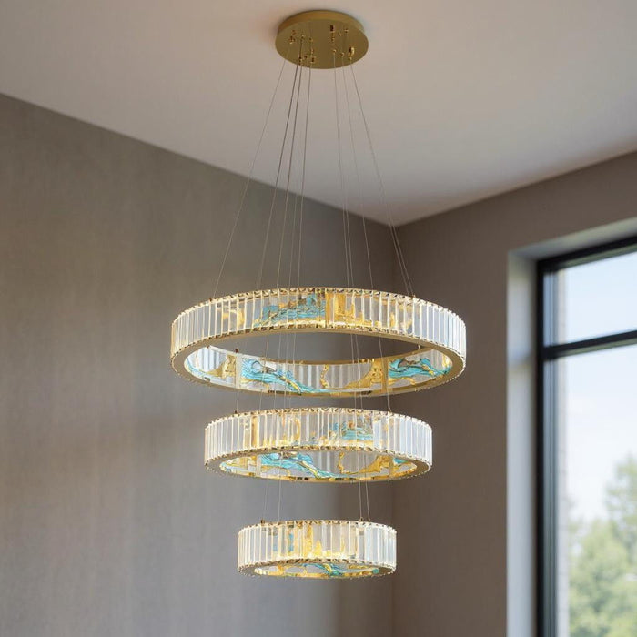 Geometric Three Light Crystal LED Chandelier - Gold / Clear / Blue