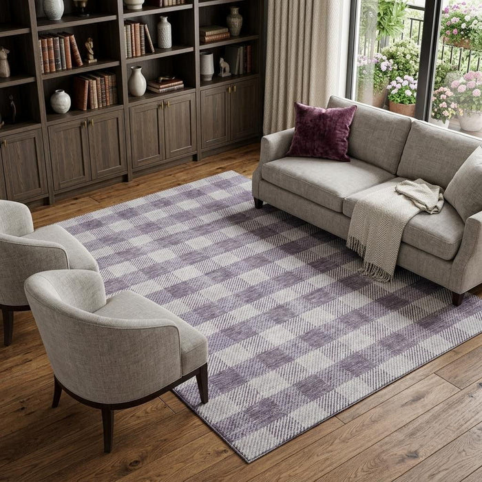 10' X 14' Plaid Washable Area Rug With UV Protection (673477) - Lavender / Ivory