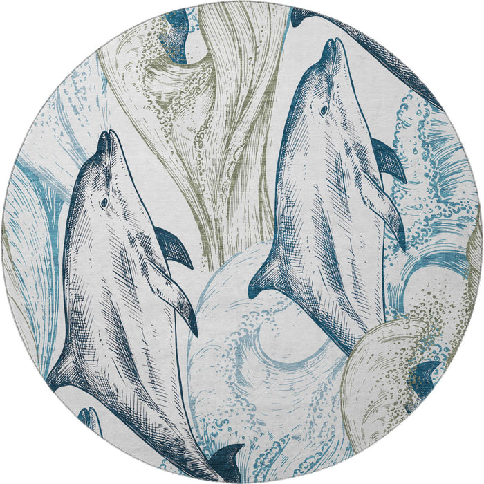 8' Denim Nautical Washable Round Rug With UV Protection - Ivory