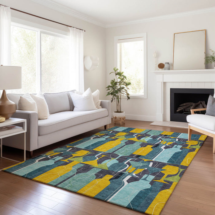 9' X 12' Geometric Washable Area Rug With UV Protection - Blue And Green