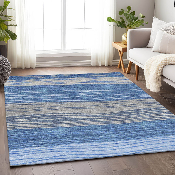 8' X 10' Striped Washable Area Rug With UV Protection - Blue / Gray