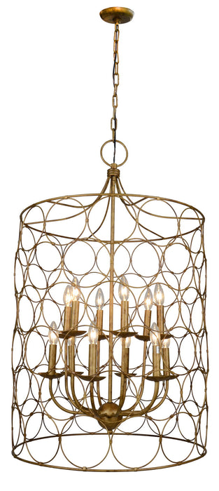 Gold metal chandelier with twelve candle-style lights and shades, featuring a classic design by HomeRoots.