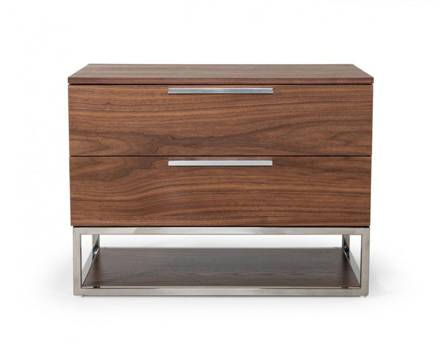 Contemporary walnut accent nightstand with two drawers and stainless steel handles, modern furniture from HomeRoots.