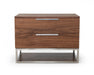 Contemporary walnut accent nightstand with two drawers and stainless steel handles, modern furniture from HomeRoots.