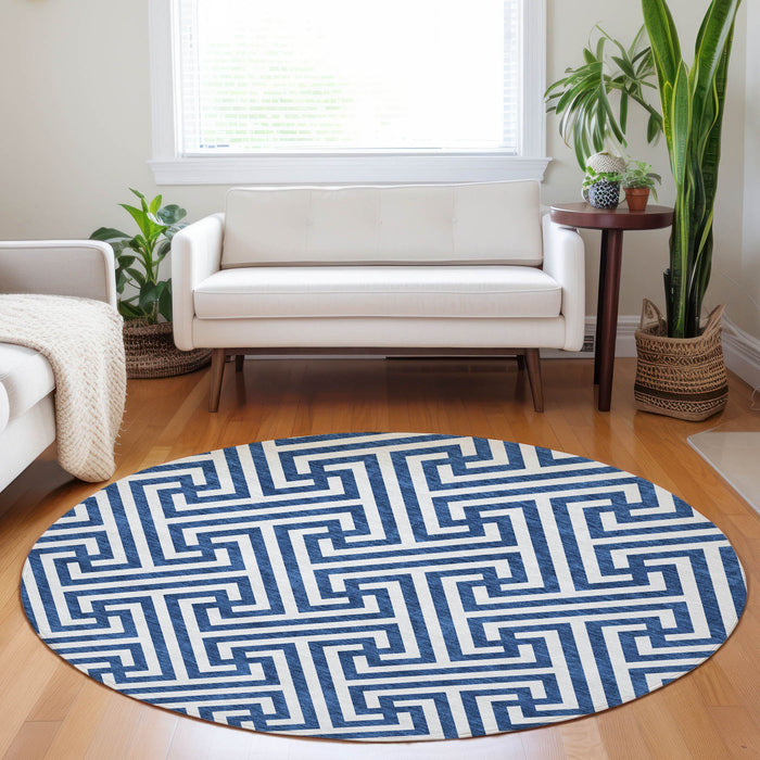 8' Transitional Geometric Washable Round Rug With UV Protection - Blue