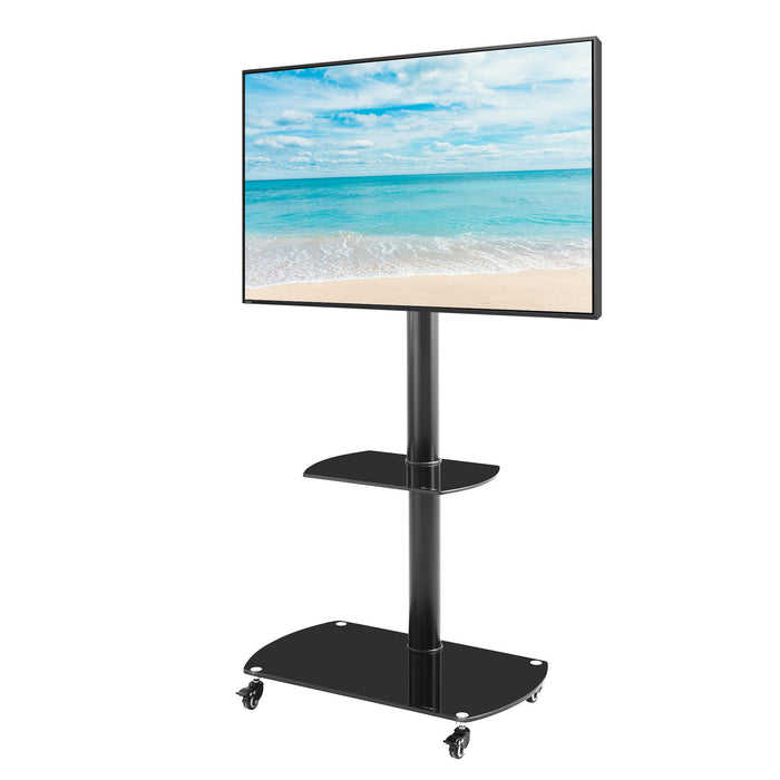 Giga black TV stand with adjustable height and angle, tempered glass shelves, metal frame, lockable wheels, suitable for LCD and plasma TVs