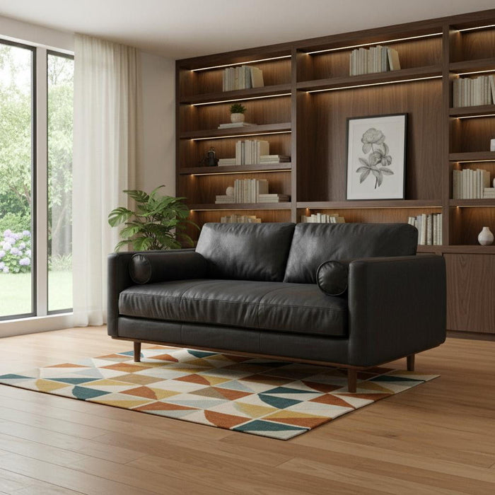 72" Leather Sofa With Brown Legs - Black