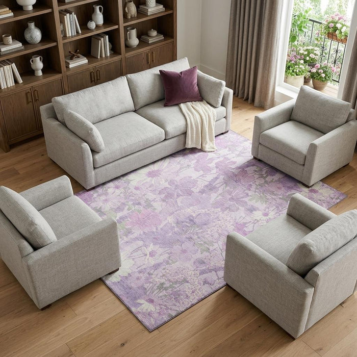 10' X 14' Floral Washable Area Rug With UV Protection (694116) - Lavender / Ivory