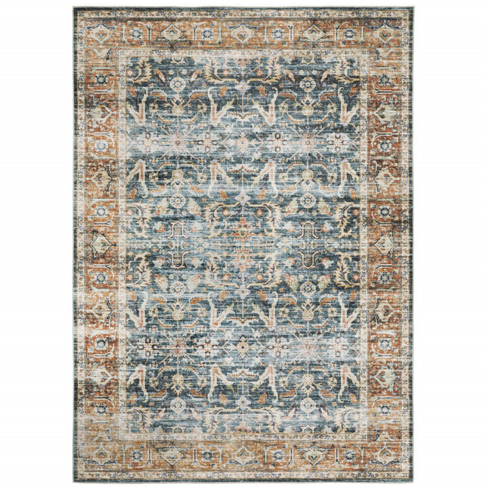 7' x 10' Oriental Printed Stain Resistant Non Skid Area Rug - Blue Rust Gold And Olive