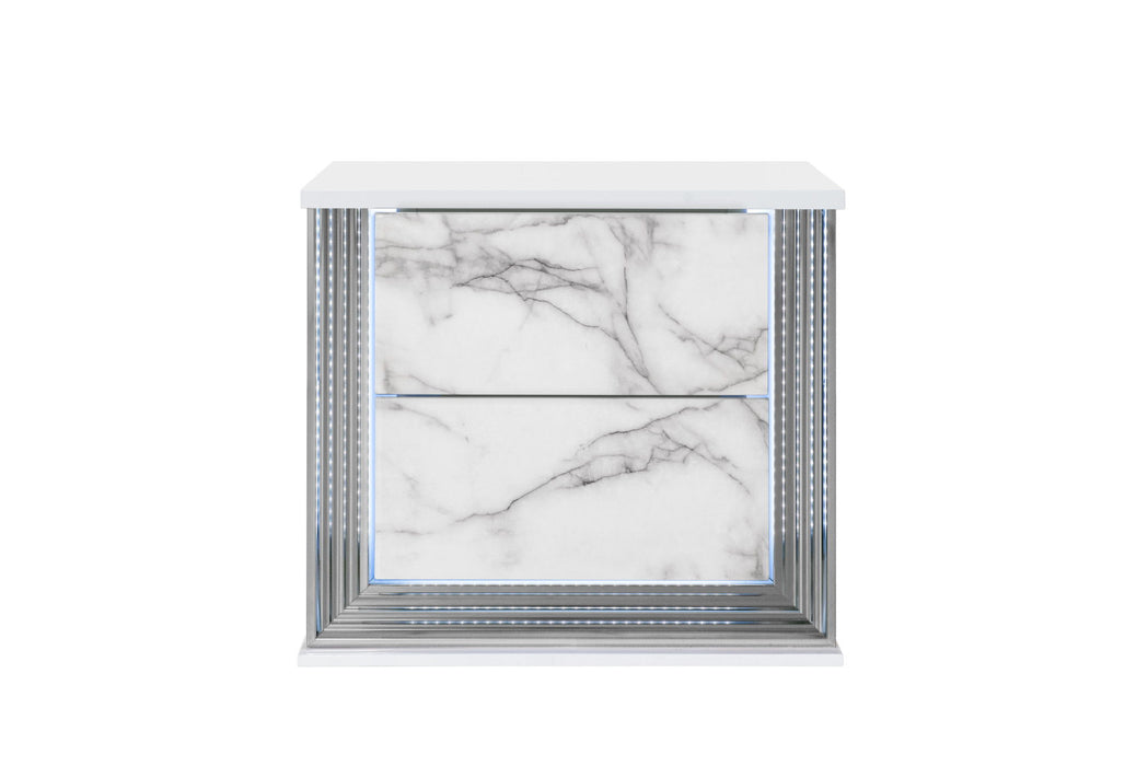 25" Wood Faux Marble Solid And Manufactured Wood Lighted Two Drawer Nightstand With USB Port - White