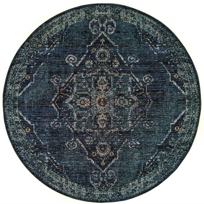 8' Round Oriental Power Loom Area Rug - Blue And Black