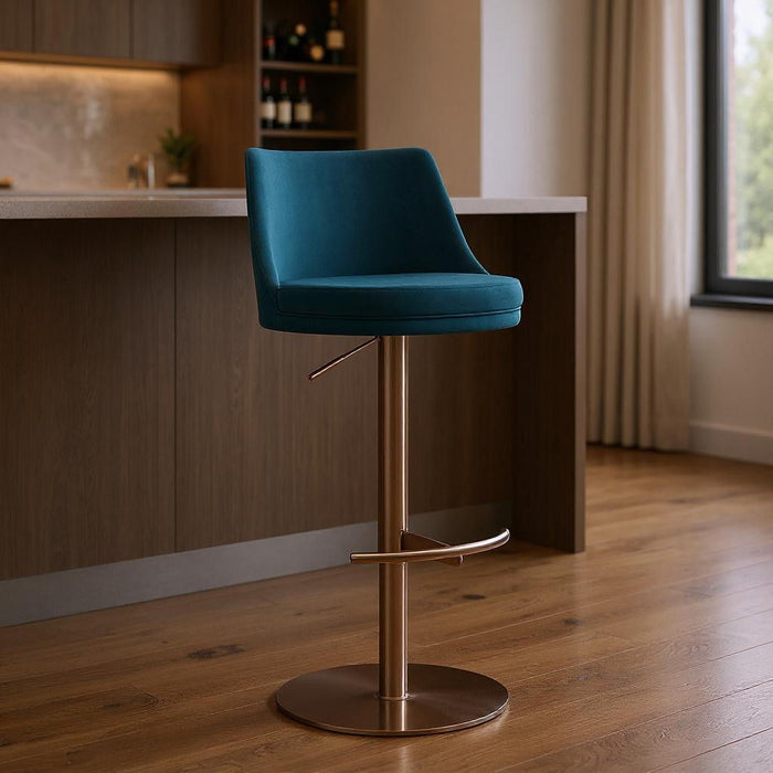 Velvet Low Back Adjustable Height Swivel Bar Chair - Blue / Rose / Gold